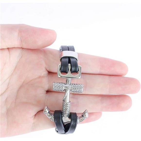 Double Layer Black Leather Bracelet for Men - Picture 2 of 6